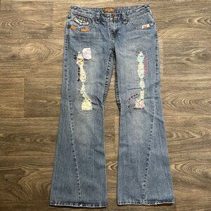 Be Good Size Large Patchwork Embroidered Denim Distressed Flare Jeans Y2K 00s